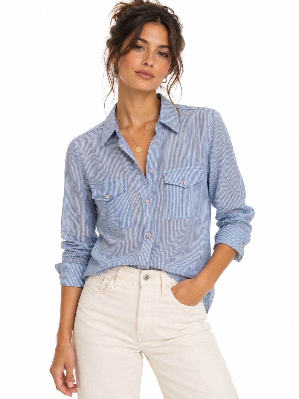 Vince Semi Sheer Blue White Striped Button Down Shirt Size 2 Quite Luxury Preppy